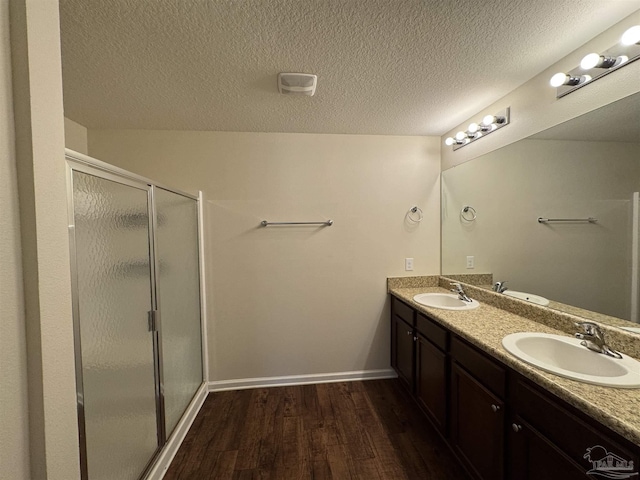 full bathroom featuring a sink, double vanity, a shower stall, and wood finished floors