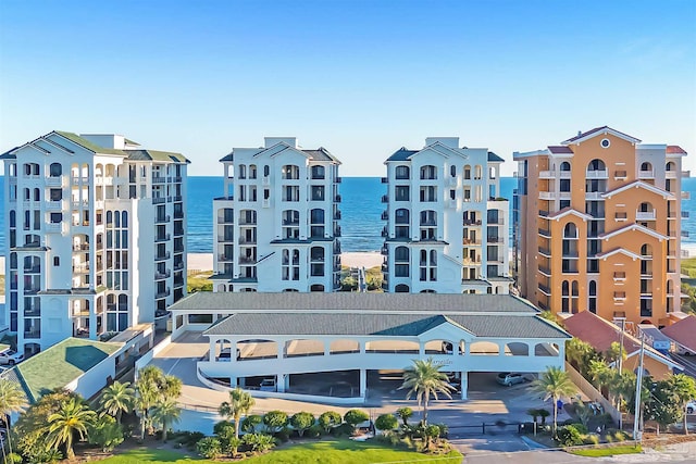 view of building exterior with a water view