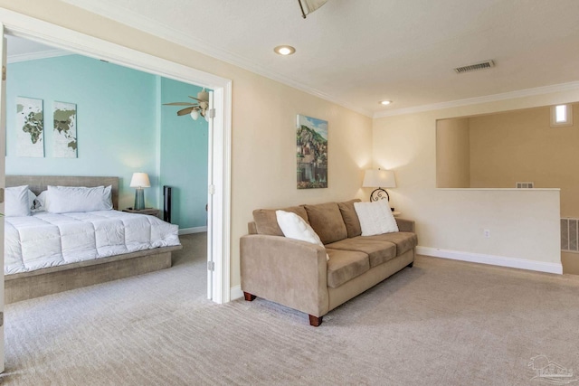 bedroom with carpet floors and ornamental molding