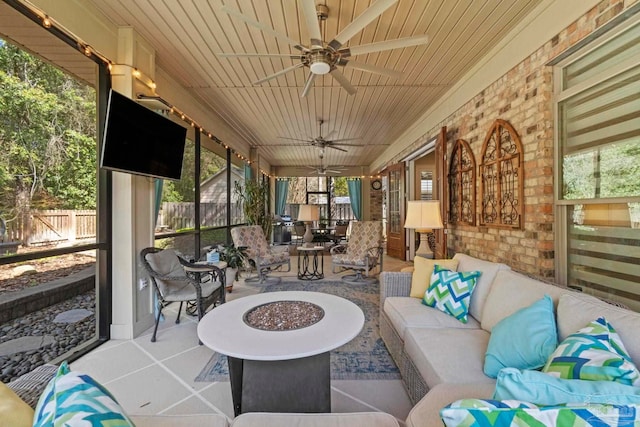 sunroom featuring wood ceiling and ceiling fan