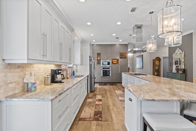 kitchen featuring light wood finished floors, ornamental molding, island exhaust hood, stainless steel appliances, and a sink