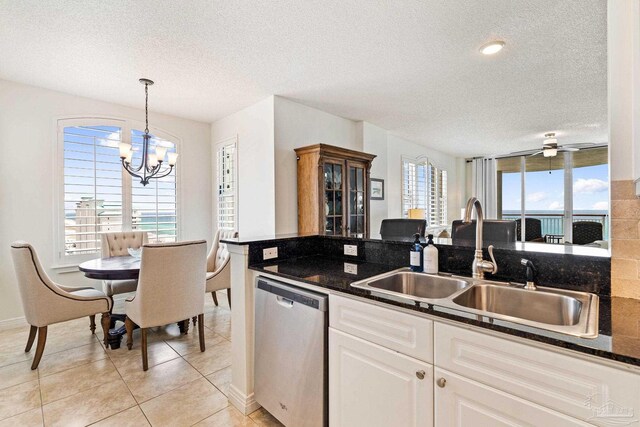 kitchen featuring dishwasher, a healthy amount of sunlight, ceiling fan with notable chandelier, and decorative light fixtures