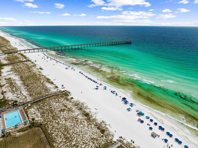 bird's eye view with a beach view and a water view