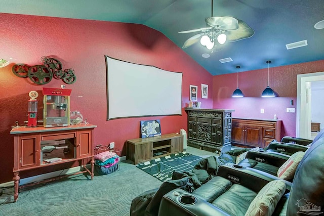 14574 N County Rd 65, Foley, AL 36535 - home theater with vaulted ceiling, ceiling fan, and dark carpet