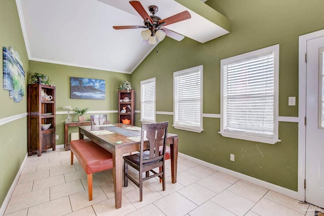 14574 N County Rd 65, Foley, AL 36535 - dining space with a ceiling fan, light tile patterned floors, lofted ceiling, and baseboards