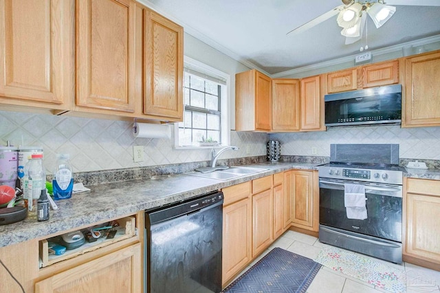 14574 N County Rd 65, Foley, AL 36535 - kitchen featuring stainless steel electric range oven, dishwashing machine, light brown cabinetry, a sink, and backsplash