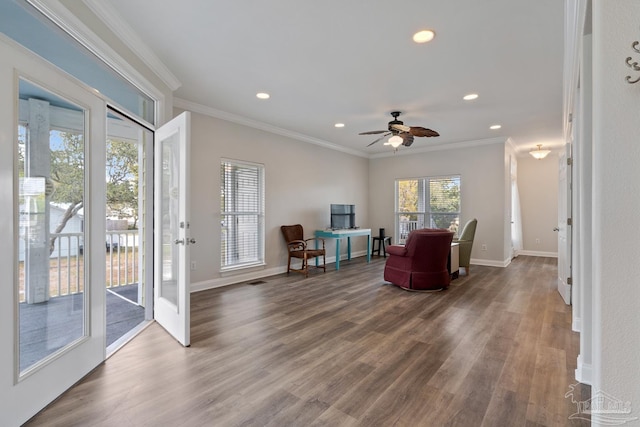 5456 Pensacola Ave, Orange Beach, AL 36561 - living room with baseboards, recessed lighting, wood finished floors, ceiling fan, and crown molding