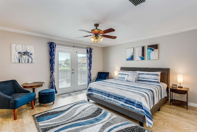 bedroom with french doors, crown molding, ceiling fan, access to exterior, and light wood-type flooring