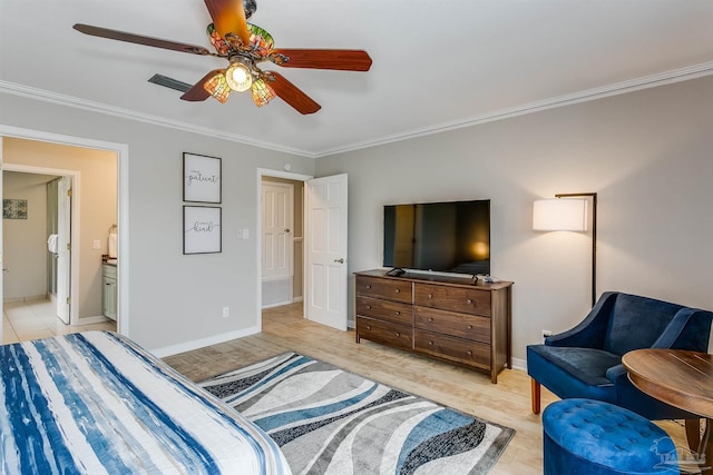 bedroom featuring connected bathroom, ceiling fan, crown molding, and light hardwood / wood-style floors