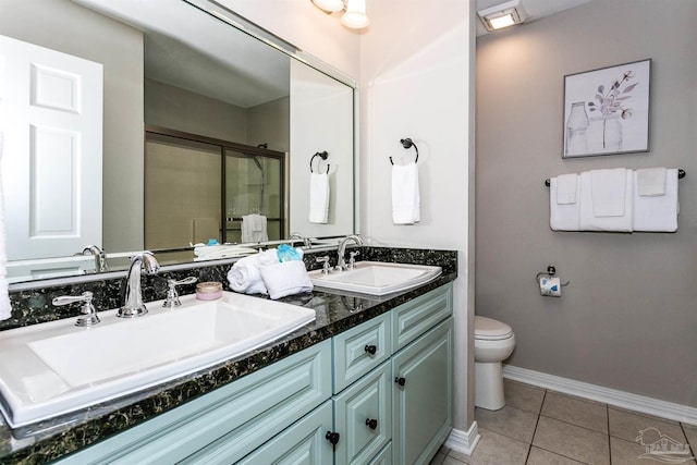 bathroom with tile patterned floors, vanity, toilet, and an enclosed shower