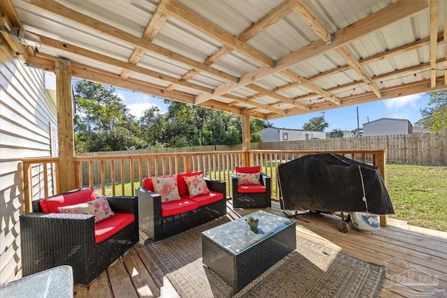 wooden terrace featuring an outdoor hangout area