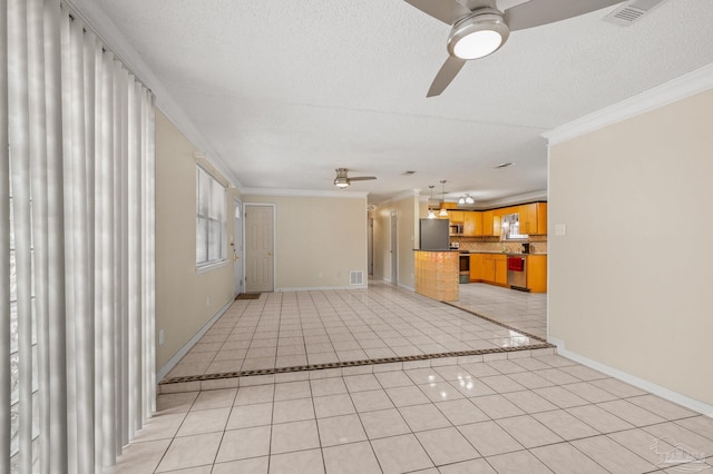 unfurnished living room featuring light tile patterned flooring, baseboards, a ceiling fan, and ornamental molding