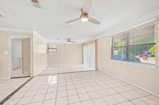 unfurnished room featuring crown molding, a textured ceiling, a ceiling fan, and a healthy amount of sunlight