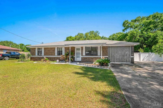 single story home featuring an attached garage, concrete driveway, brick siding, and a front yard
