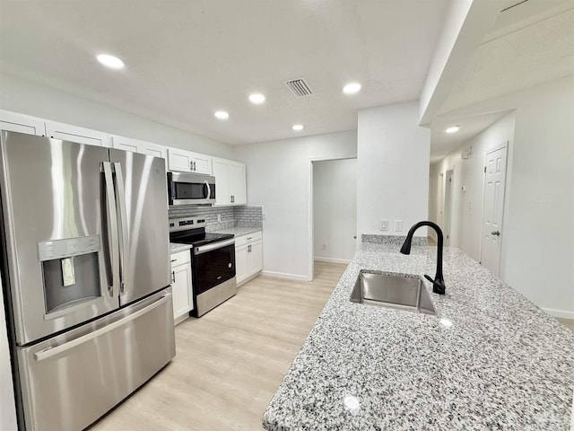 kitchen with appliances with stainless steel finishes, light stone countertops, visible vents, decorative backsplash, and a sink