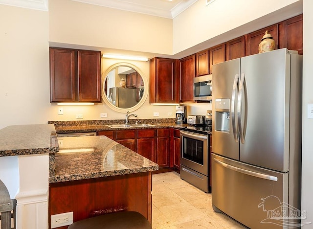 kitchen featuring dark brown cabinets, ornamental molding, stainless steel appliances, and a sink