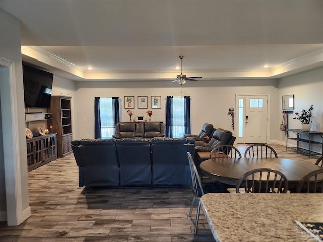 living room featuring ornamental molding, a raised ceiling, ceiling fan, and dark wood-type flooring