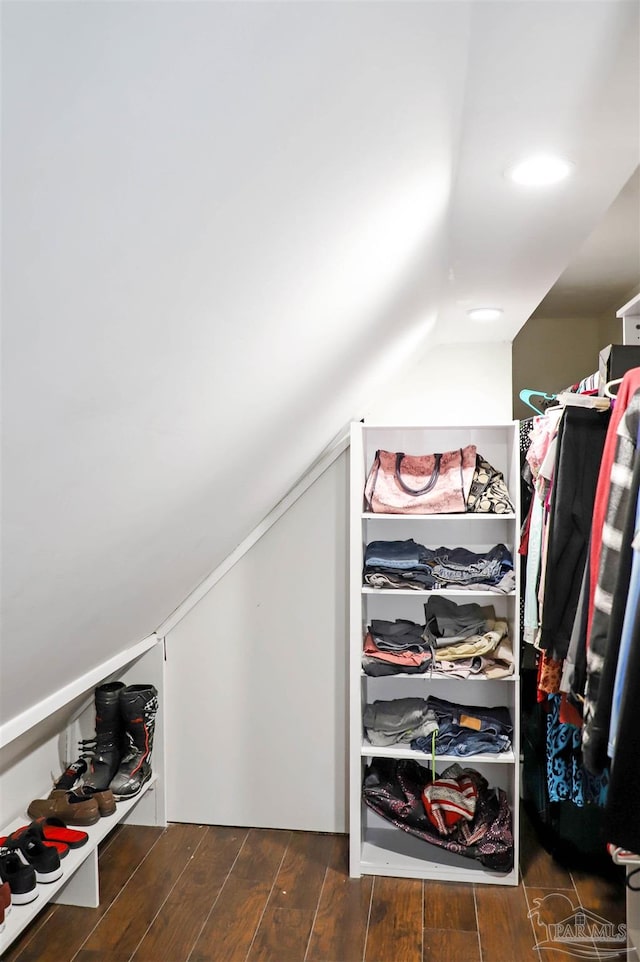 walk in closet featuring vaulted ceiling and dark hardwood / wood-style flooring