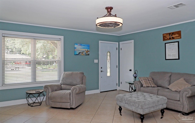 tiled living room with ornamental molding