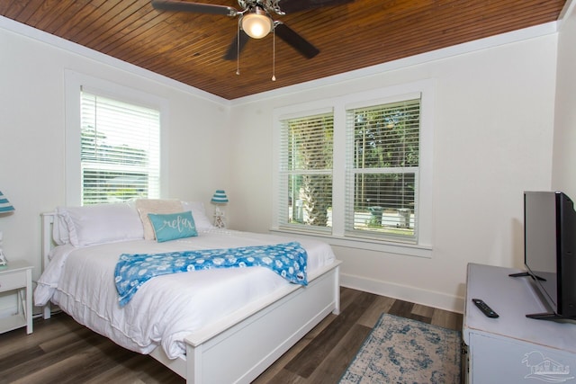 bedroom with wood ceiling, a ceiling fan, baseboards, and dark wood-style flooring