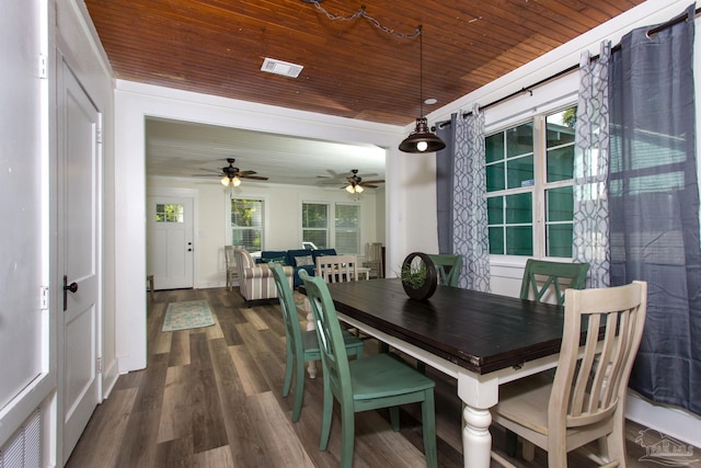 dining area with a wealth of natural light, visible vents, wooden ceiling, and dark wood finished floors