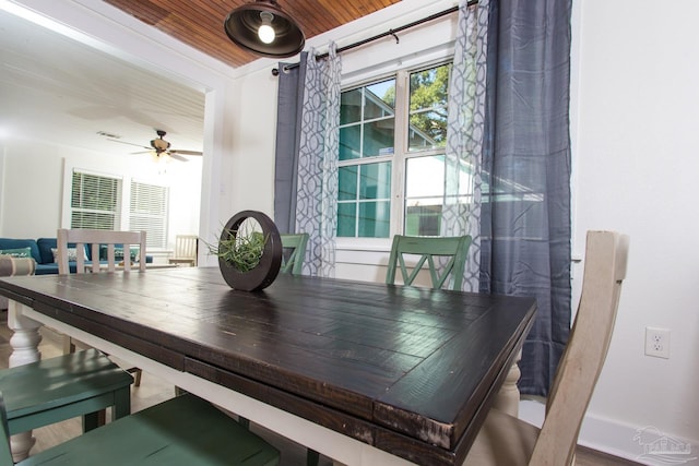 dining area with wood ceiling and ceiling fan