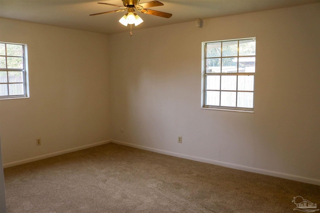 spare room with carpet floors and ceiling fan