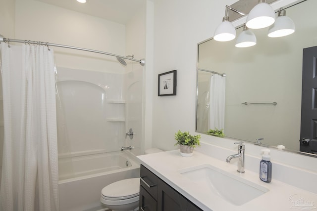 full bathroom featuring vanity, shower / tub combo, and toilet