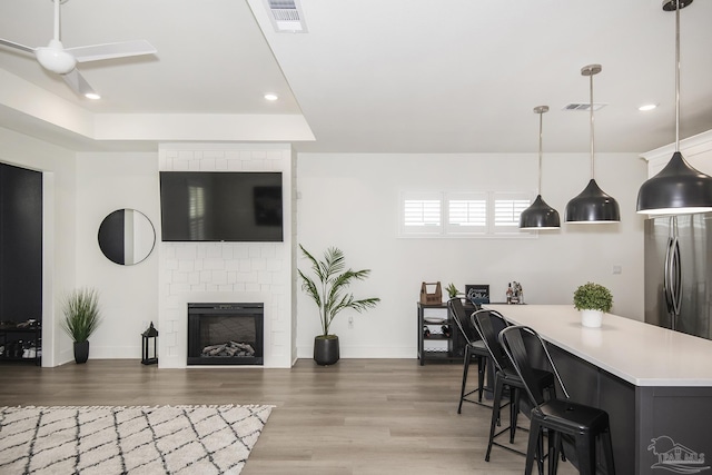 living room featuring ceiling fan, a fireplace, and hardwood / wood-style flooring