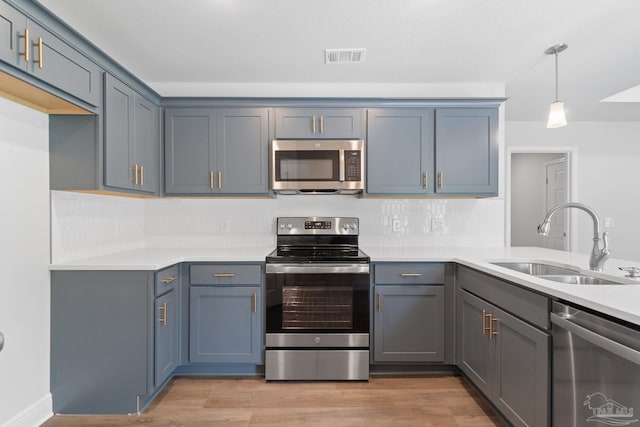 kitchen with sink, light hardwood / wood-style flooring, pendant lighting, and stainless steel appliances