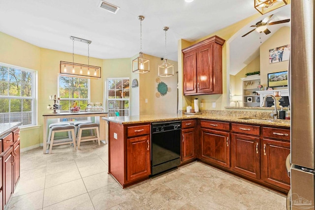 kitchen featuring sink, hanging light fixtures, light stone countertops, black dishwasher, and kitchen peninsula