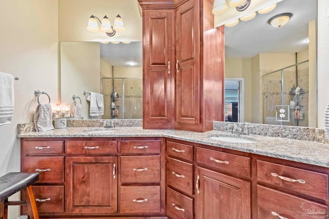 bathroom featuring vanity and a shower with shower door