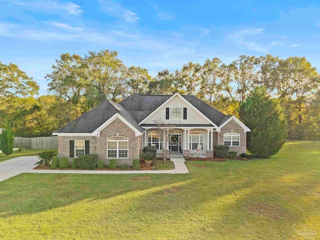 view of front of home featuring covered porch and a front yard