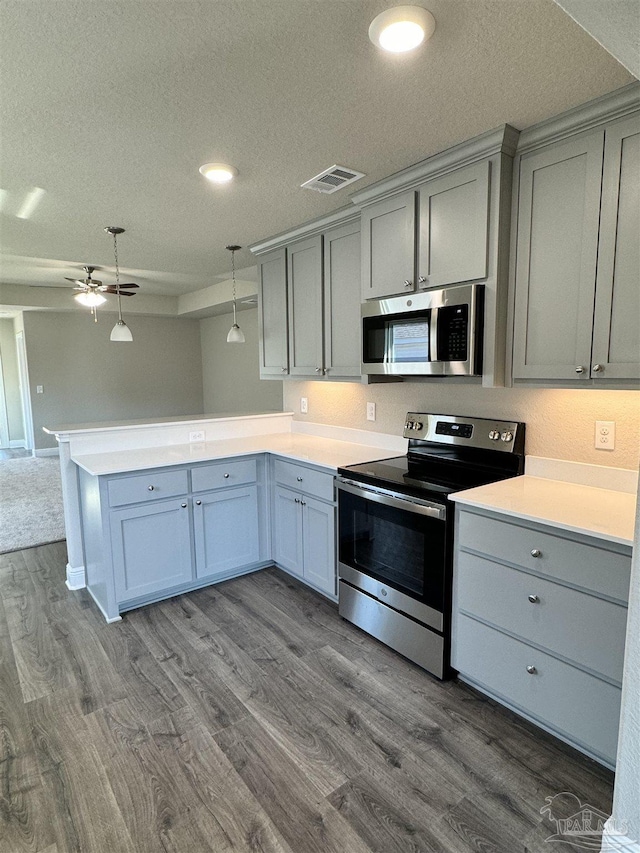 5963 Laurel Oak Dr, Pensacola, FL 32526 - kitchen with appliances with stainless steel finishes, gray cabinets, a peninsula, dark wood-style floors, and a textured ceiling