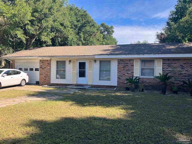 ranch-style home with a garage and a front lawn