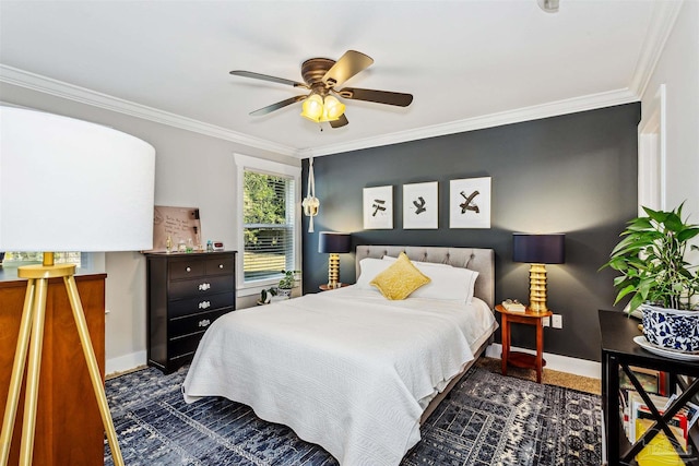 bedroom featuring ceiling fan and crown molding