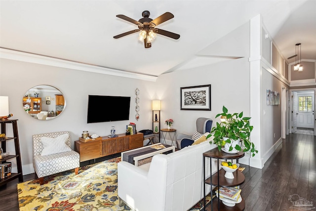 living room featuring lofted ceiling, ceiling fan, crown molding, and dark hardwood / wood-style floors