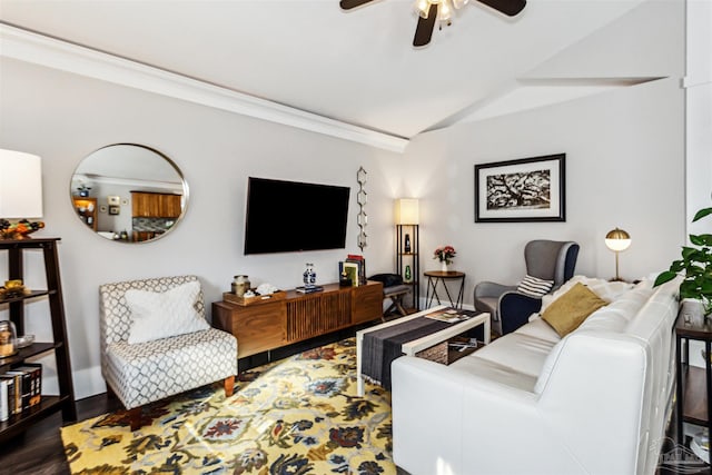 living room with ceiling fan, lofted ceiling, dark hardwood / wood-style flooring, and crown molding