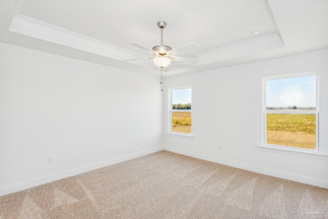 unfurnished room featuring baseboards, a ceiling fan, a tray ceiling, and light colored carpet