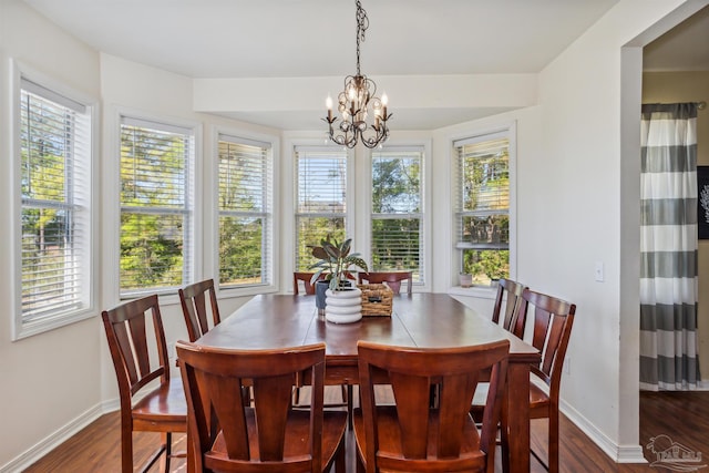 dining area with dark hardwood / wood-style flooring, a chandelier, and a healthy amount of sunlight