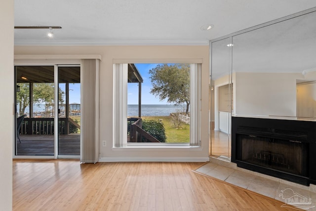 doorway to outside with plenty of natural light, a fireplace, crown molding, and wood finished floors