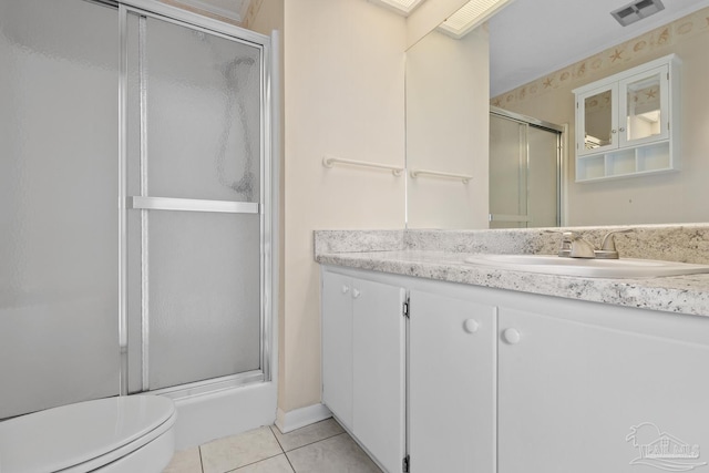 full bath with toilet, vanity, visible vents, tile patterned floors, and a shower with door