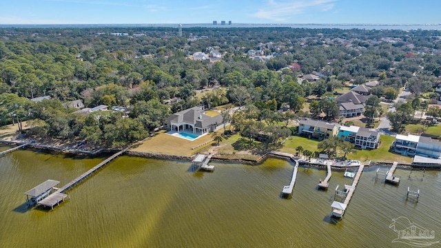 birds eye view of property featuring a water view