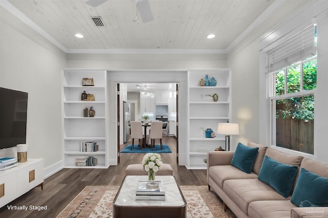 living room featuring ornamental molding, wooden ceiling, dark hardwood / wood-style floors, and ceiling fan