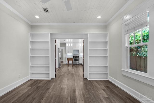 interior space with ornamental molding, dark wood-type flooring, and wooden ceiling