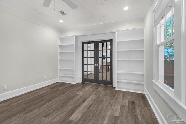 empty room featuring wood ceiling, ceiling fan, dark hardwood / wood-style floors, built in shelves, and french doors