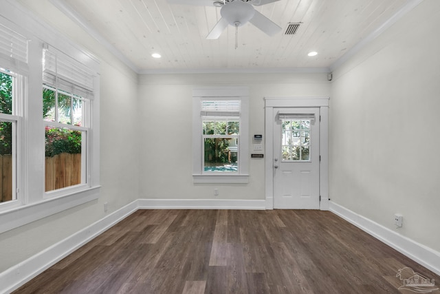 interior space featuring dark wood-type flooring, ornamental molding, wooden ceiling, and ceiling fan