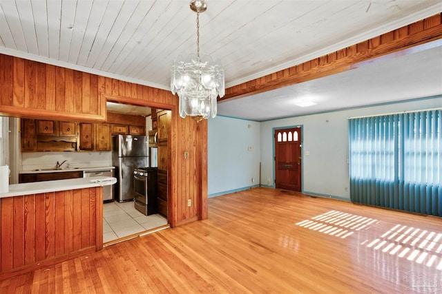 kitchen featuring light hardwood / wood-style floors, a chandelier, pendant lighting, sink, and appliances with stainless steel finishes