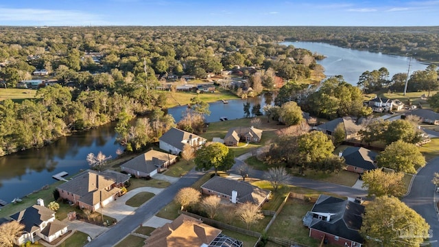 bird's eye view featuring a water view, a residential view, and a view of trees