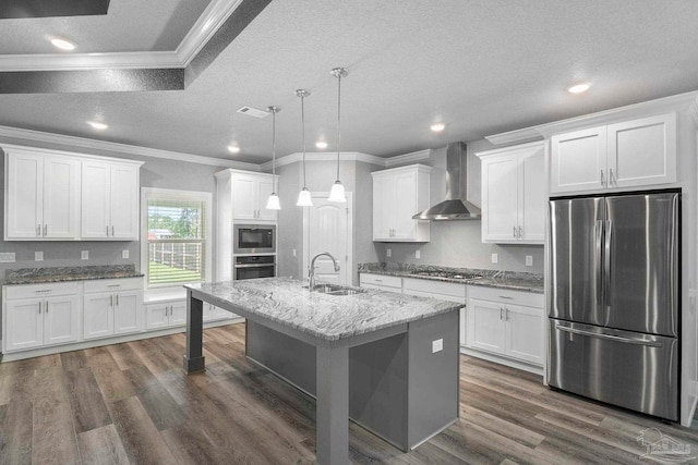 591 Nowak Rd, Cantonment, FL 32533 - kitchen with appliances with stainless steel finishes, wall chimney exhaust hood, a sink, ornamental molding, and dark wood-type flooring